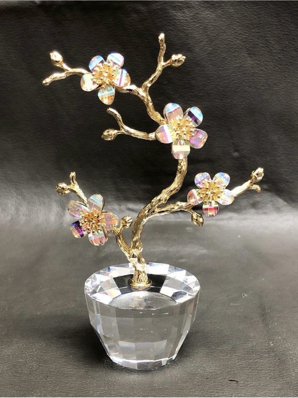 Decorative Crystal Plum Blossom Figurine W/ Gold Tone Branches In Faceted Base